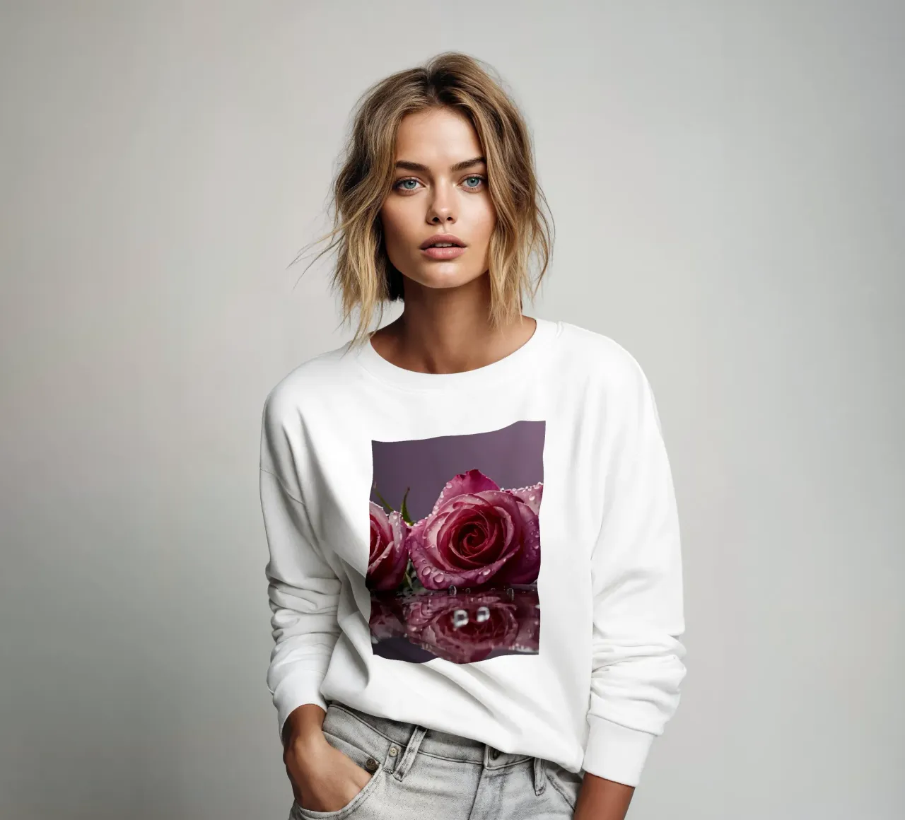 Due rose rosa baciate dalla rugiada appoggiate su una superficie riflettente felpa da DesignDoodle