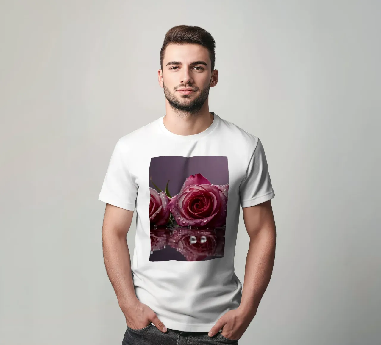 Two dew-kissed pink roses resting on a reflective surface t-shirt by DesignDoodle