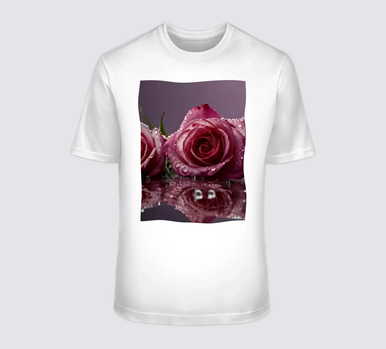 Two dew-kissed pink roses resting on a reflective surface t-shirt by DesignDoodle