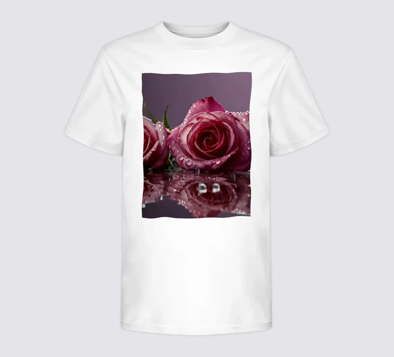 Two dew-kissed pink roses resting on a reflective surface kids t-shirt by DesignDoodle