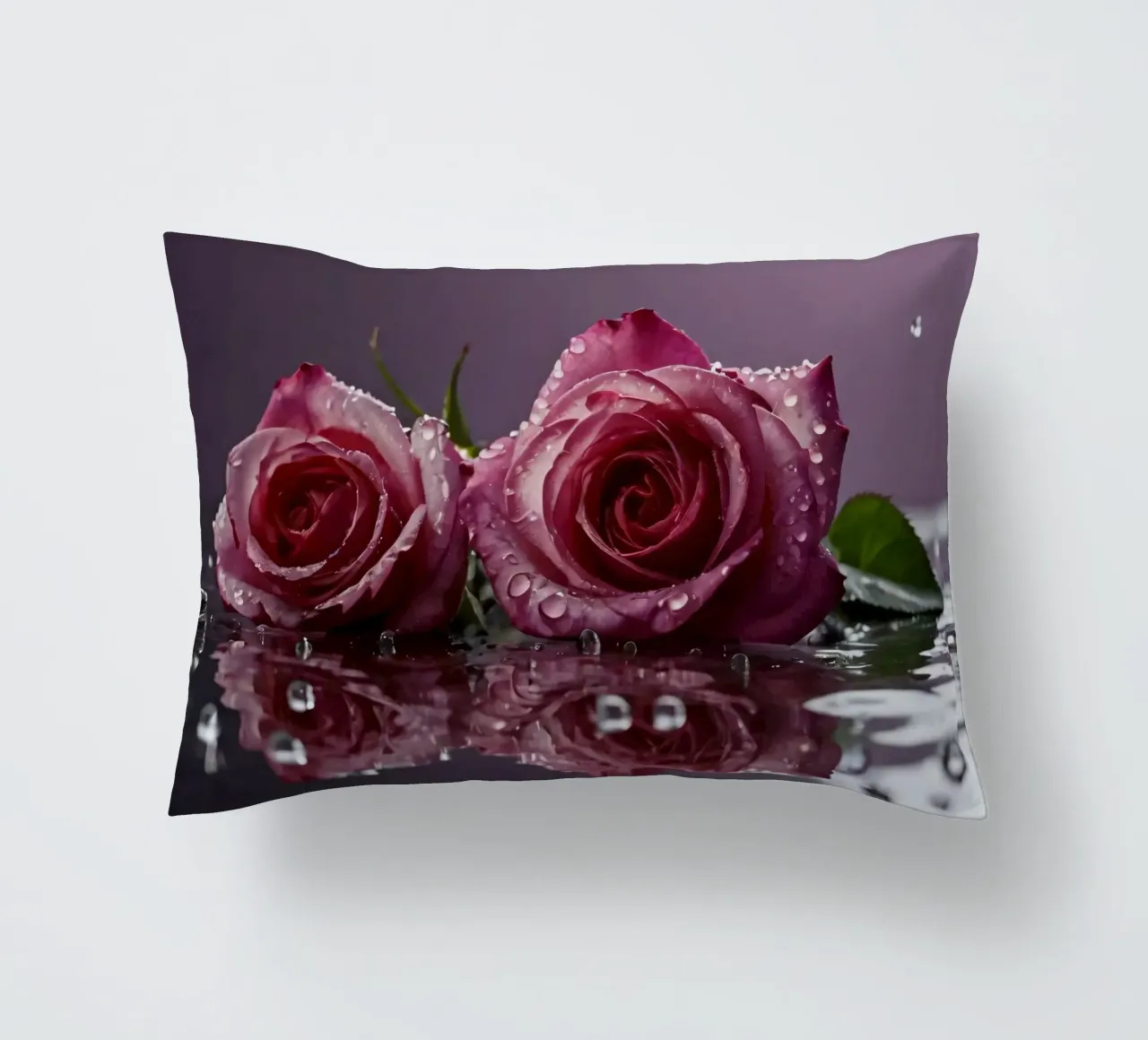 Due rose rosa baciate dalla rugiada appoggiate su una superficie riflettente cuscino da DesignDoodle