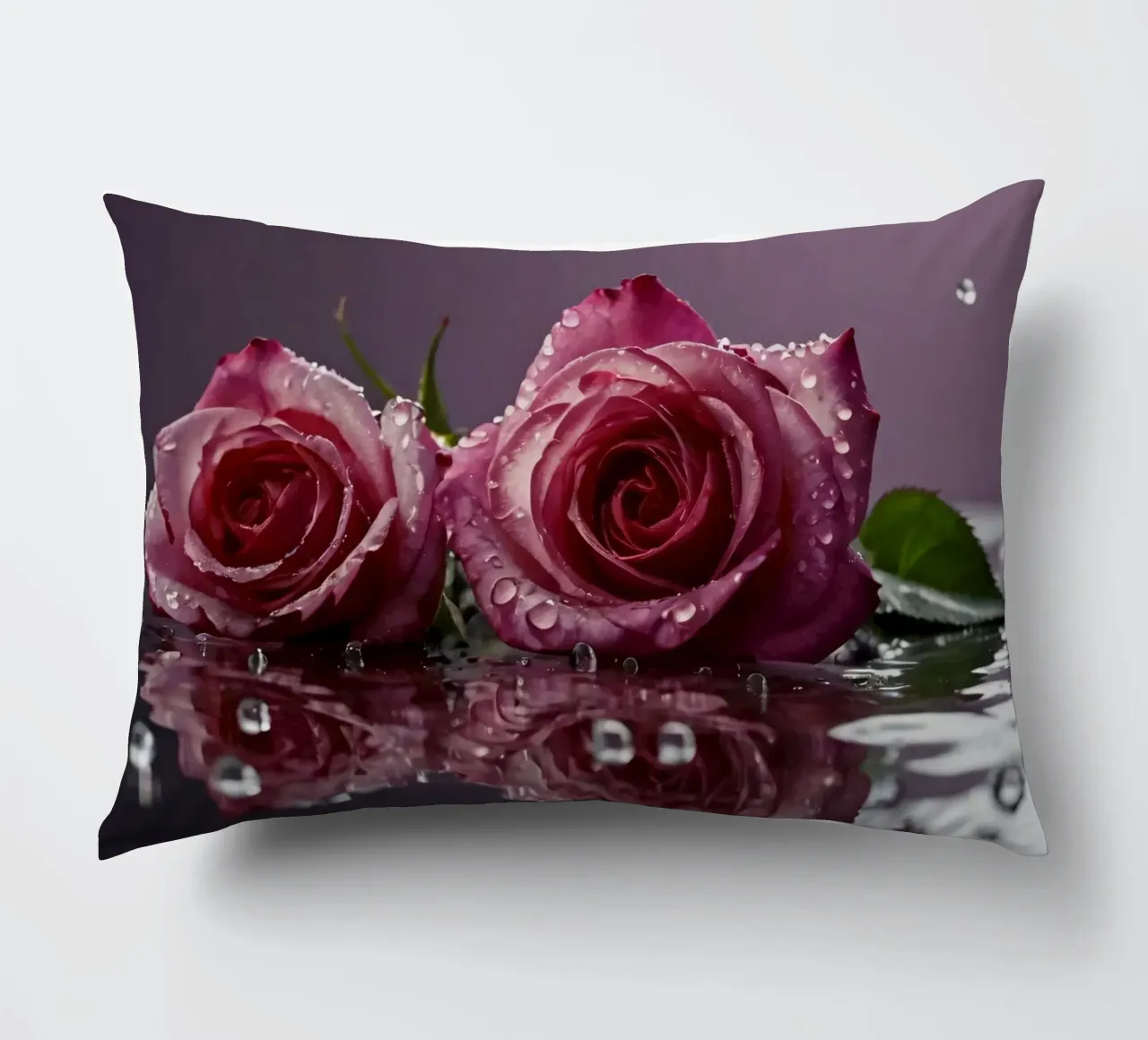 Due rose rosa baciate dalla rugiada appoggiate su una superficie riflettente cuscino da DesignDoodle