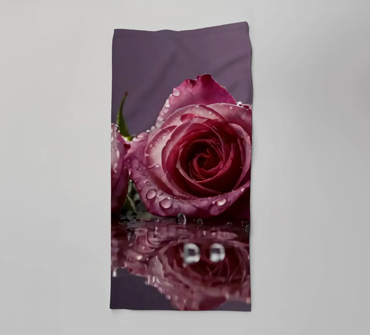 Two dew-kissed pink roses resting on a reflective surface towel by DesignDoodle