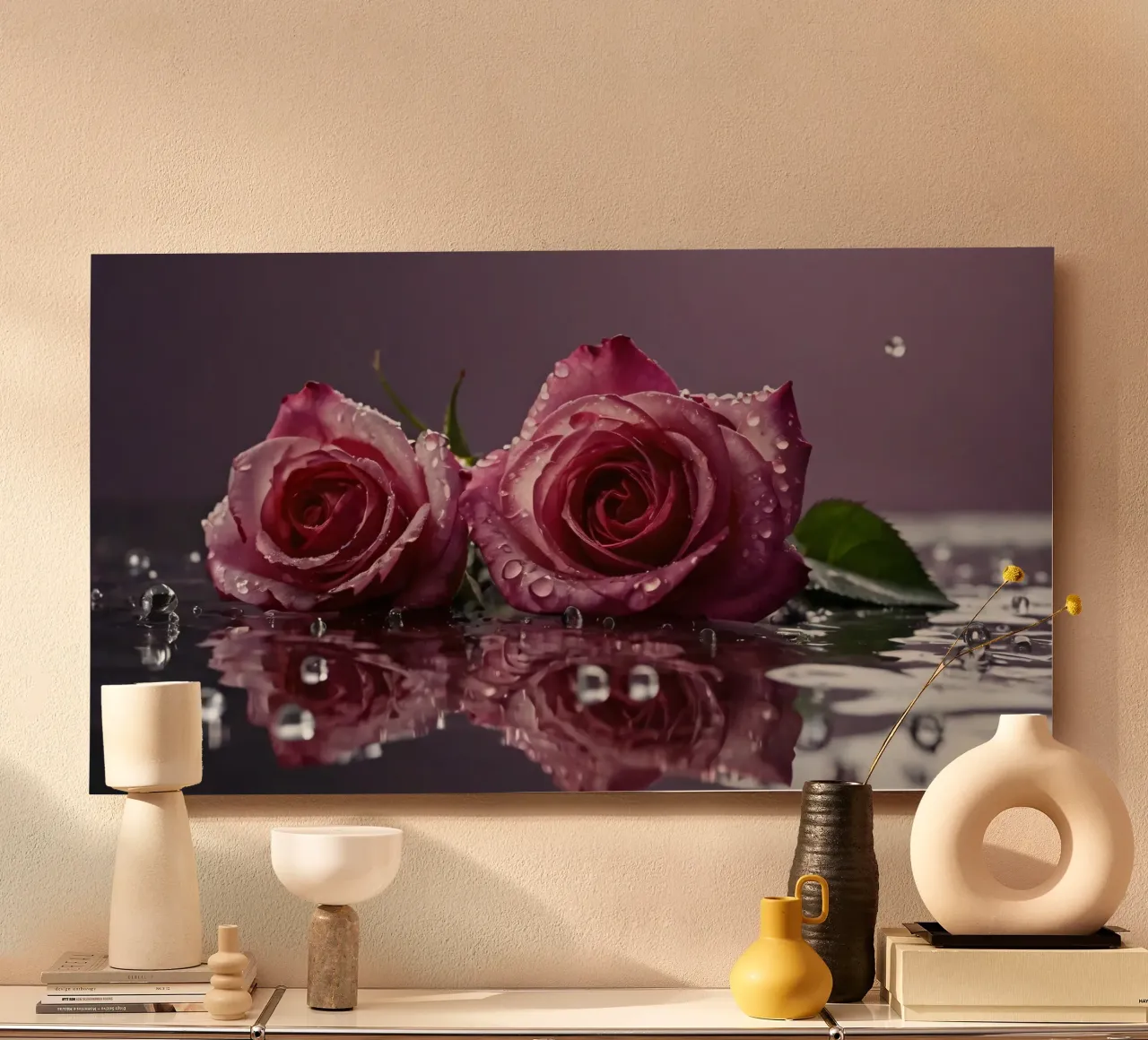 Deux roses roses embellies par la rosée reposant sur une surface réfléchissante panneau forex de DesignDoodle