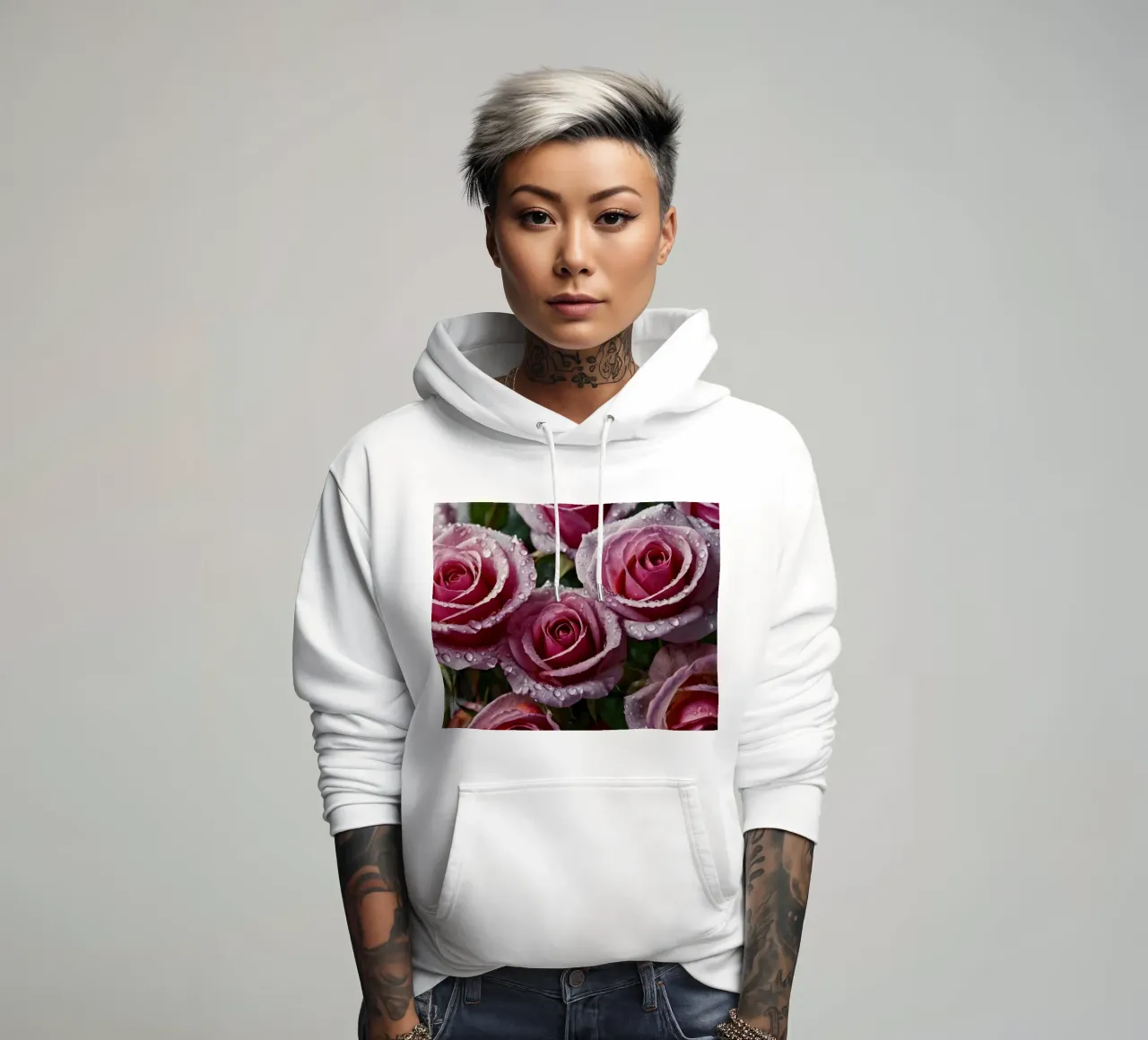 Une vue rapprochée de roses roses fraîchement écloses, ornées sweat à capuche de DesignDoodle