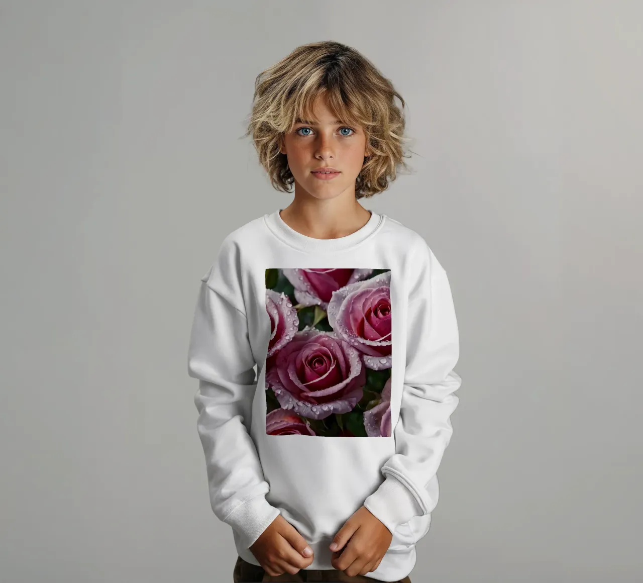 A close-up view of freshly bloomed pink roses adorned kids sweatshirt by DesignDoodle