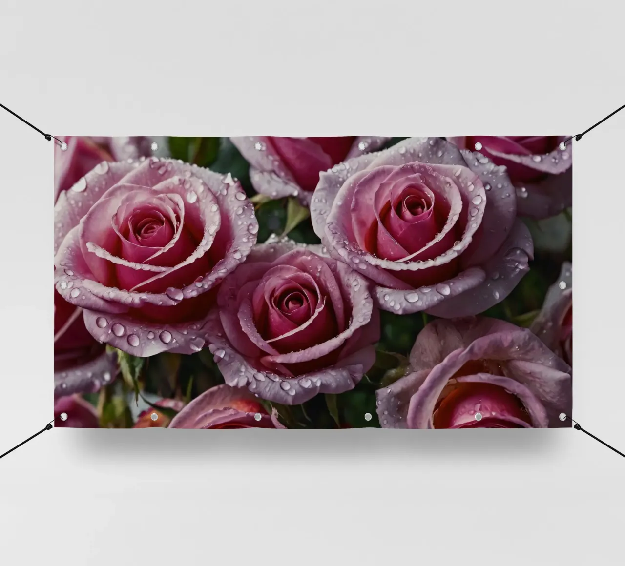 Une vue rapprochée de roses roses fraîchement écloses, ornées bâche pvc de DesignDoodle