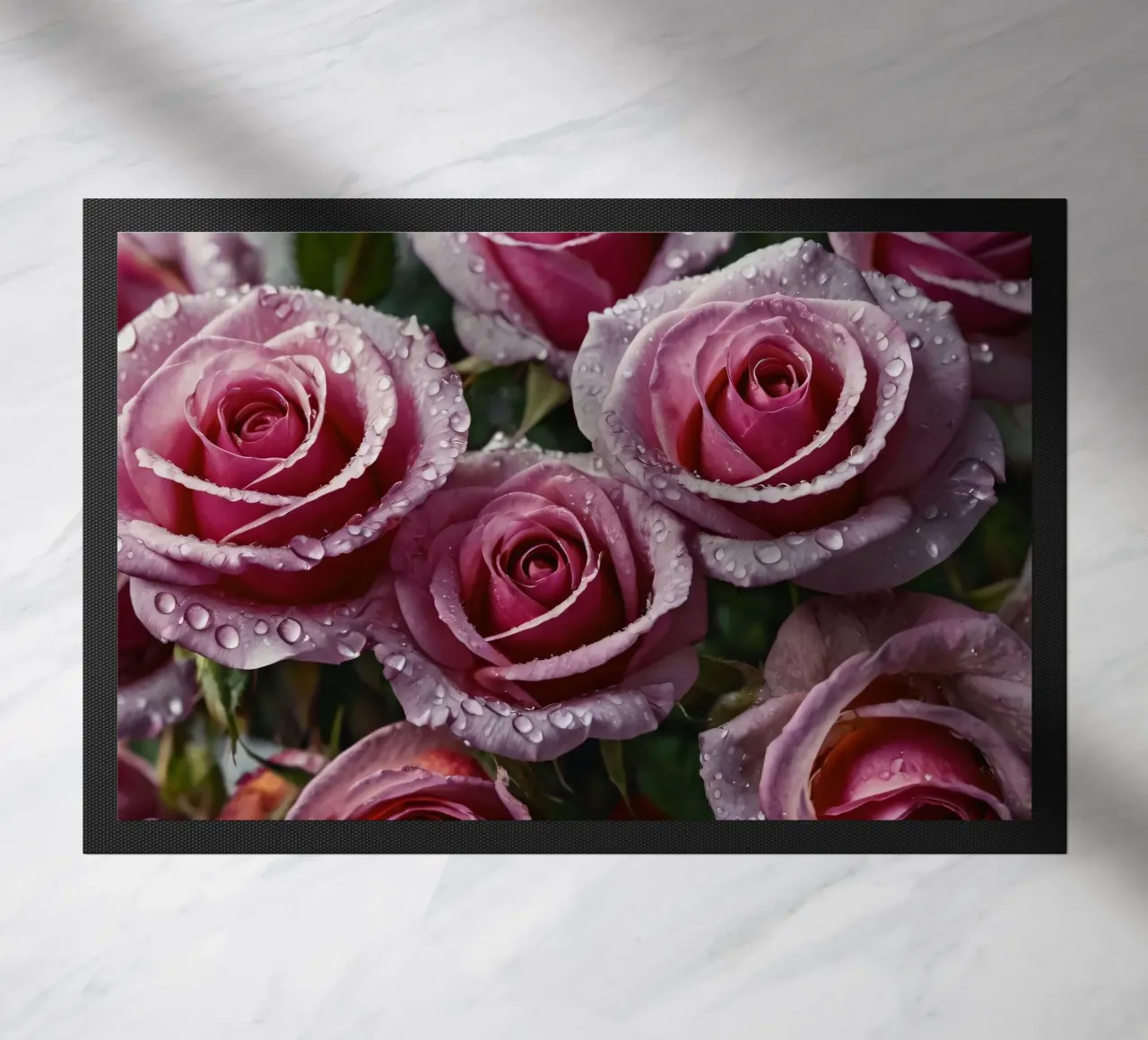 Une vue rapprochée de roses roses fraîchement écloses, ornées paillasson de DesignDoodle