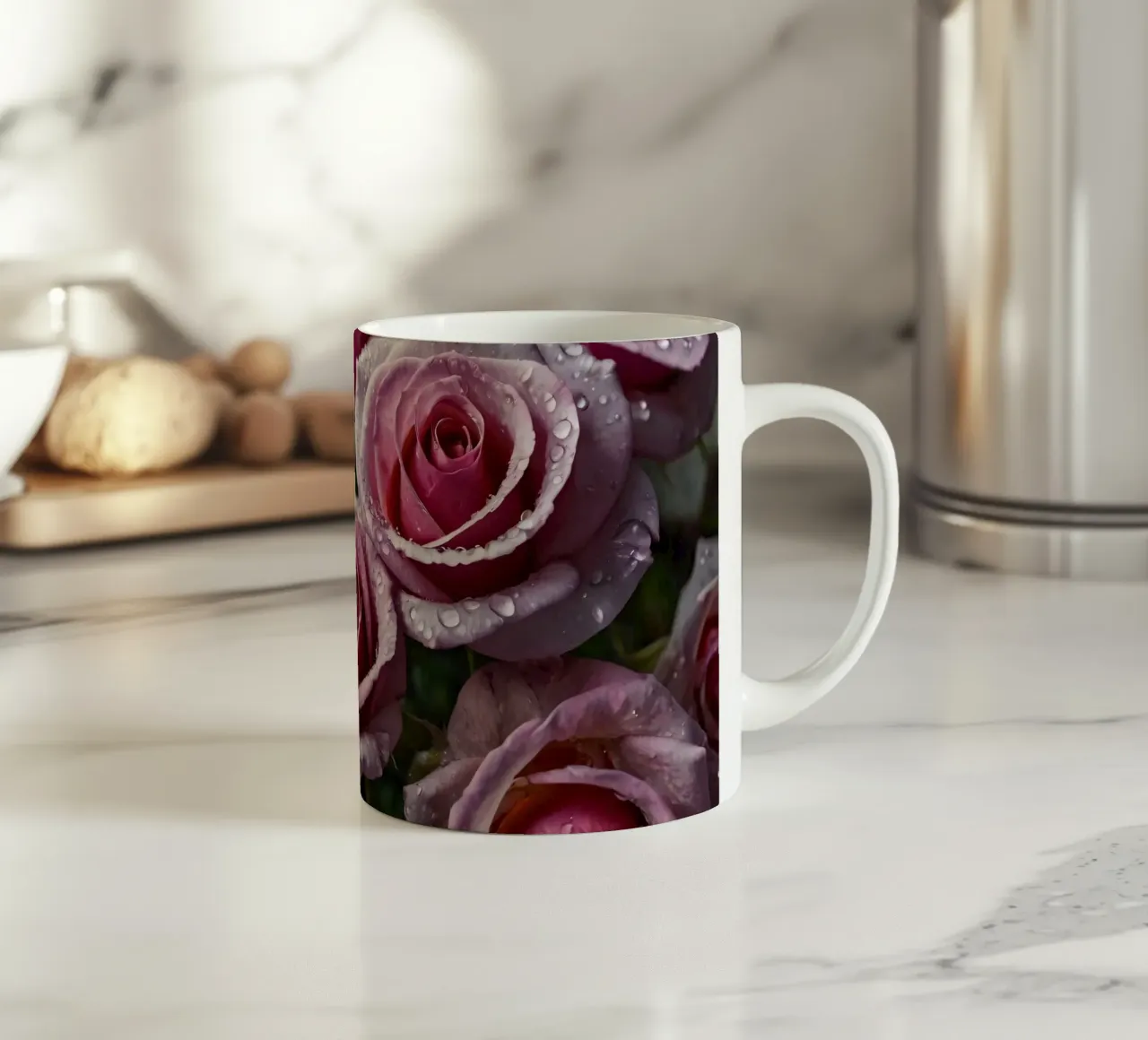 Une vue rapprochée de roses roses fraîchement écloses, ornées mug en céramique de DesignDoodle