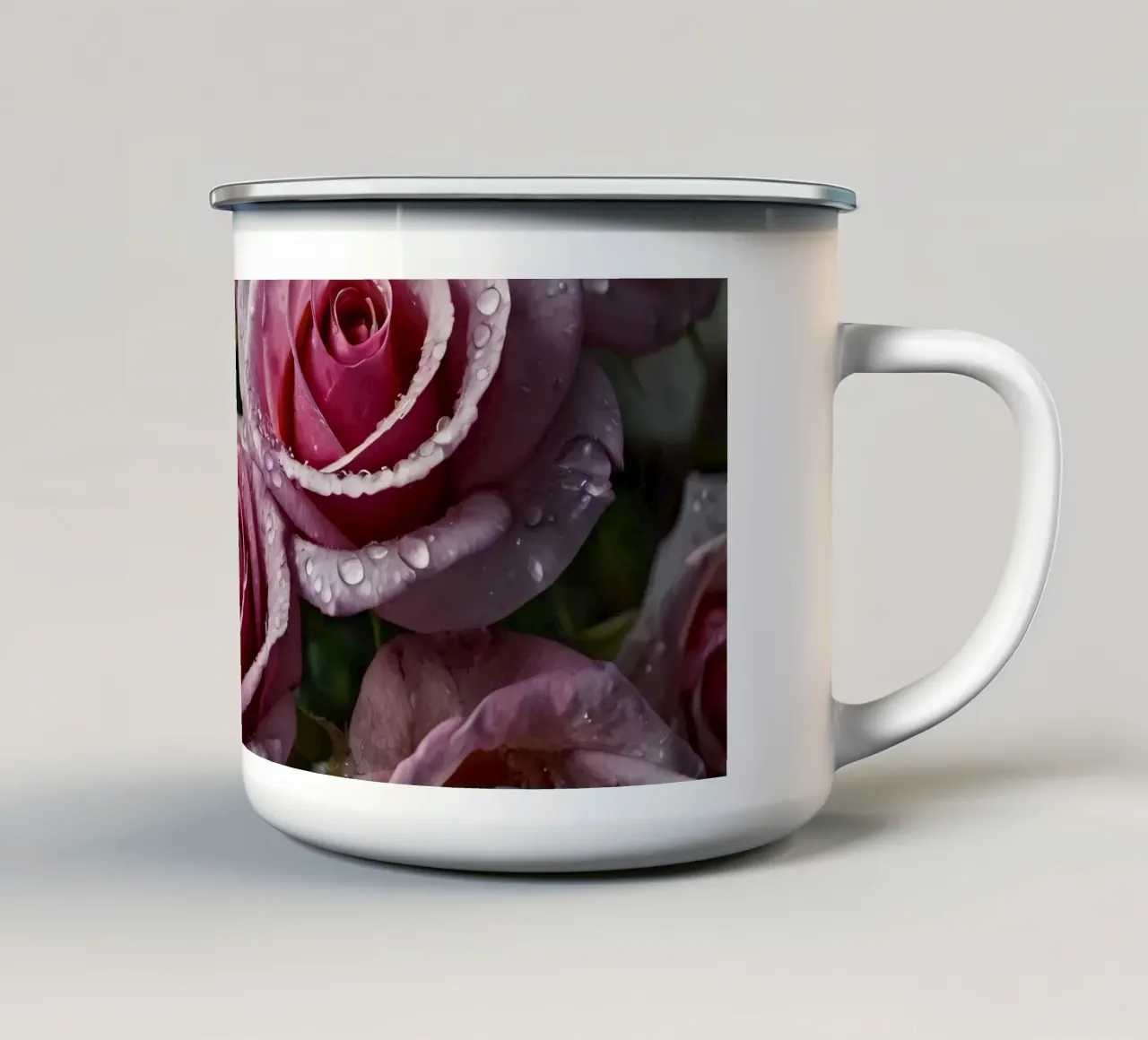 Une vue rapprochée de roses roses fraîchement écloses, ornées mug en émail de DesignDoodle