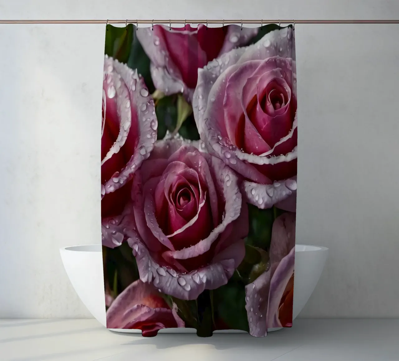 Une vue rapprochée de roses roses fraîchement écloses, ornées rideau de douche de DesignDoodle