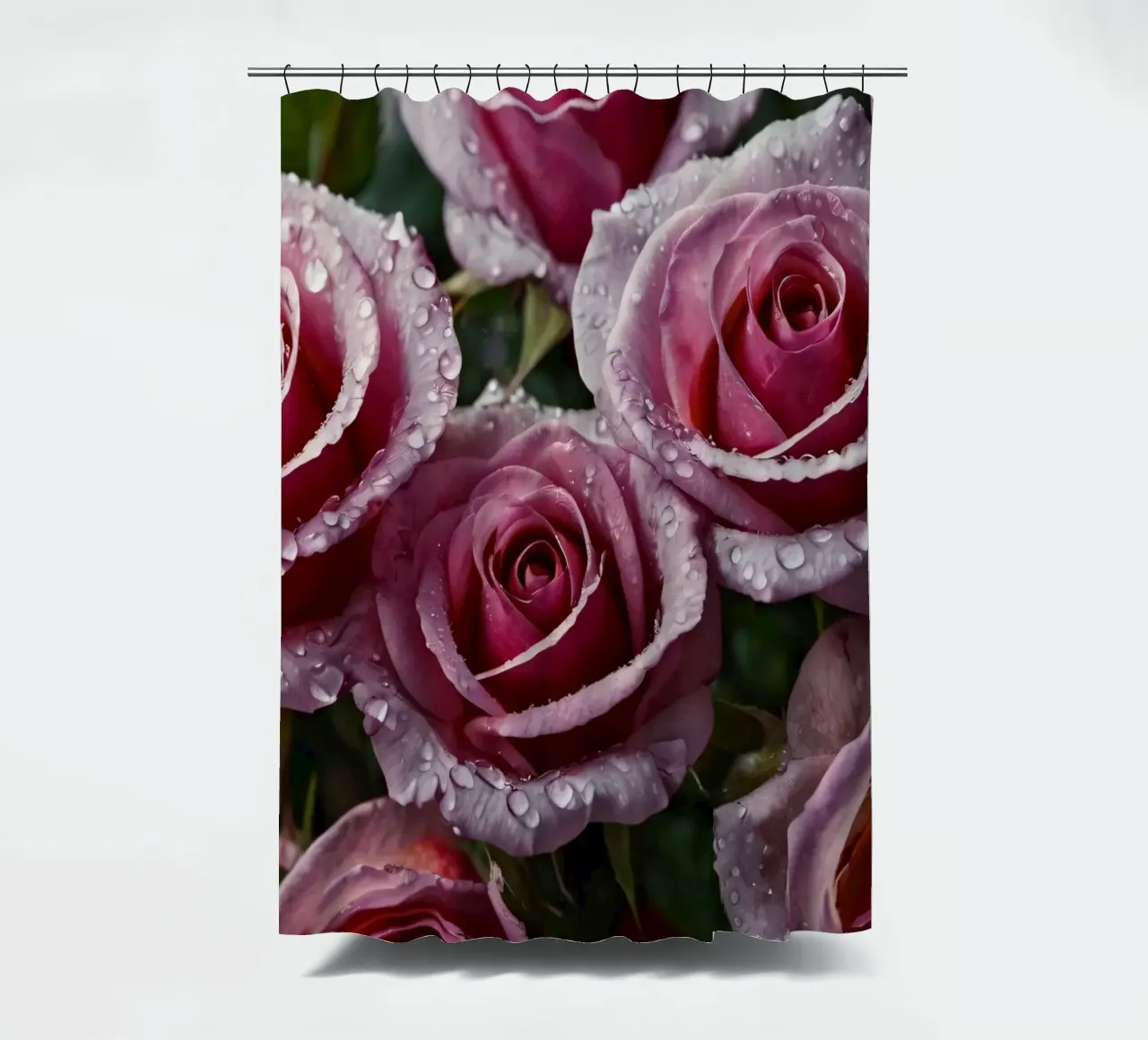 Une vue rapprochée de roses roses fraîchement écloses, ornées rideau de douche de DesignDoodle