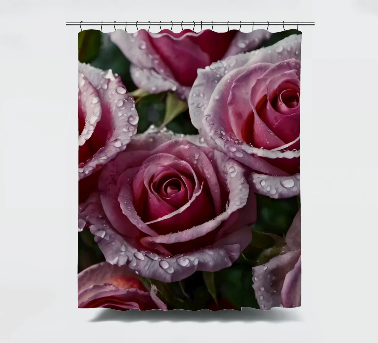Une vue rapprochée de roses roses fraîchement écloses, ornées rideau de douche de DesignDoodle