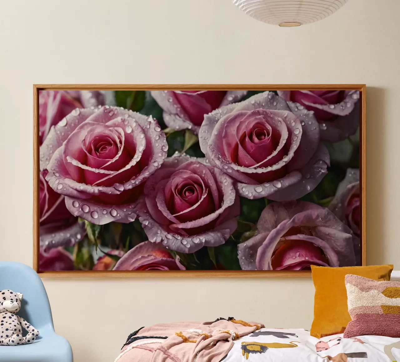A close-up view of freshly bloomed pink roses adorned canvas with Floater frame by DesignDoodle