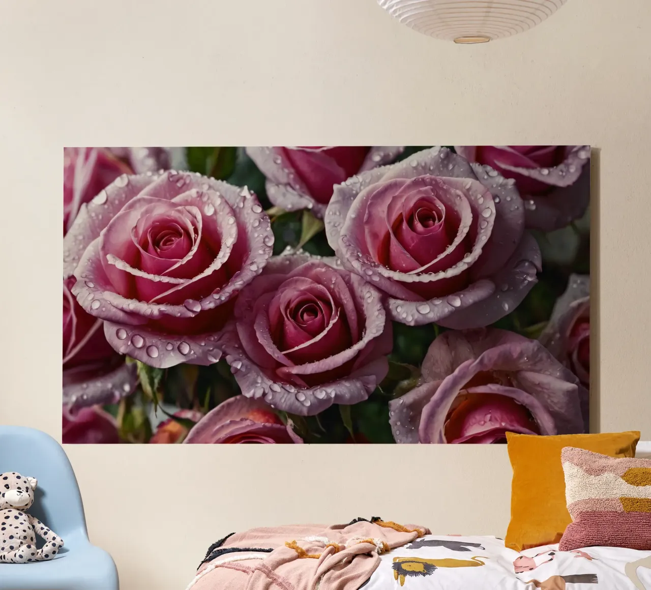 A close-up view of freshly bloomed pink roses adorned canvas with Floater frame by DesignDoodle