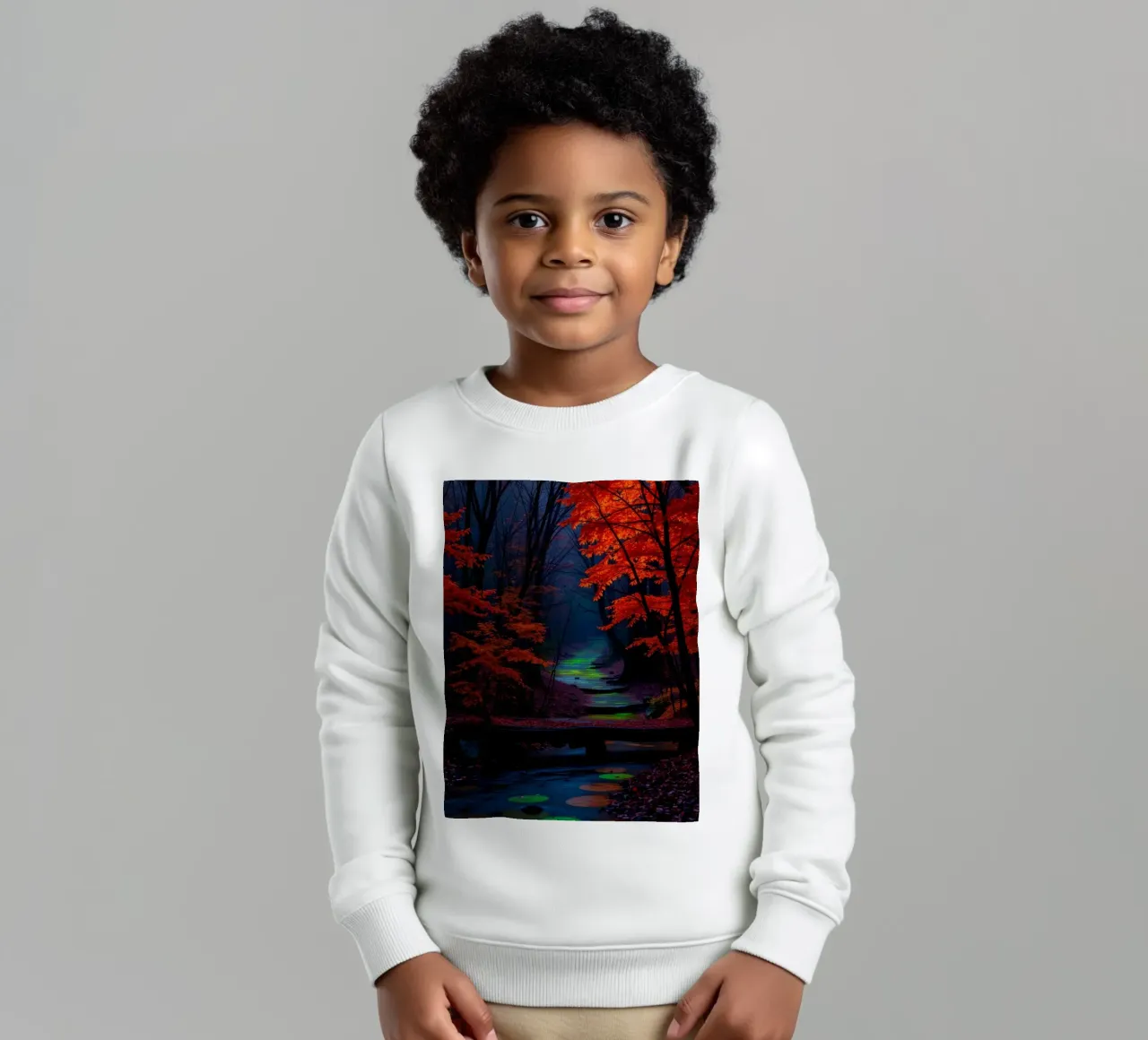Stunning autumn landscape with vibrant red leaves kids sweatshirt by DesignDoodle