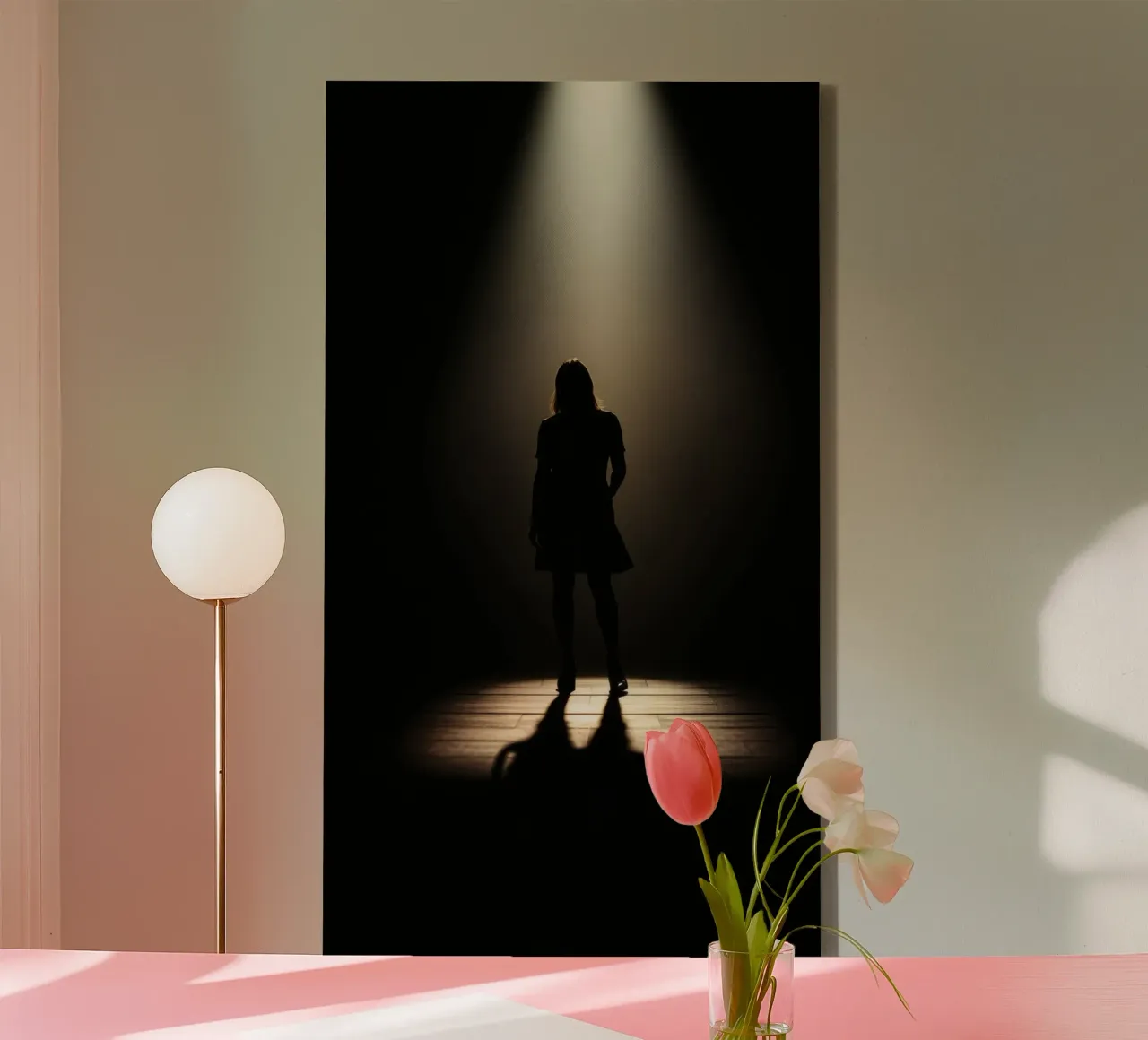 Sagoma di una donna in piedi sotto un riflettore tela con Cornice a cassetta da DesignDoodle