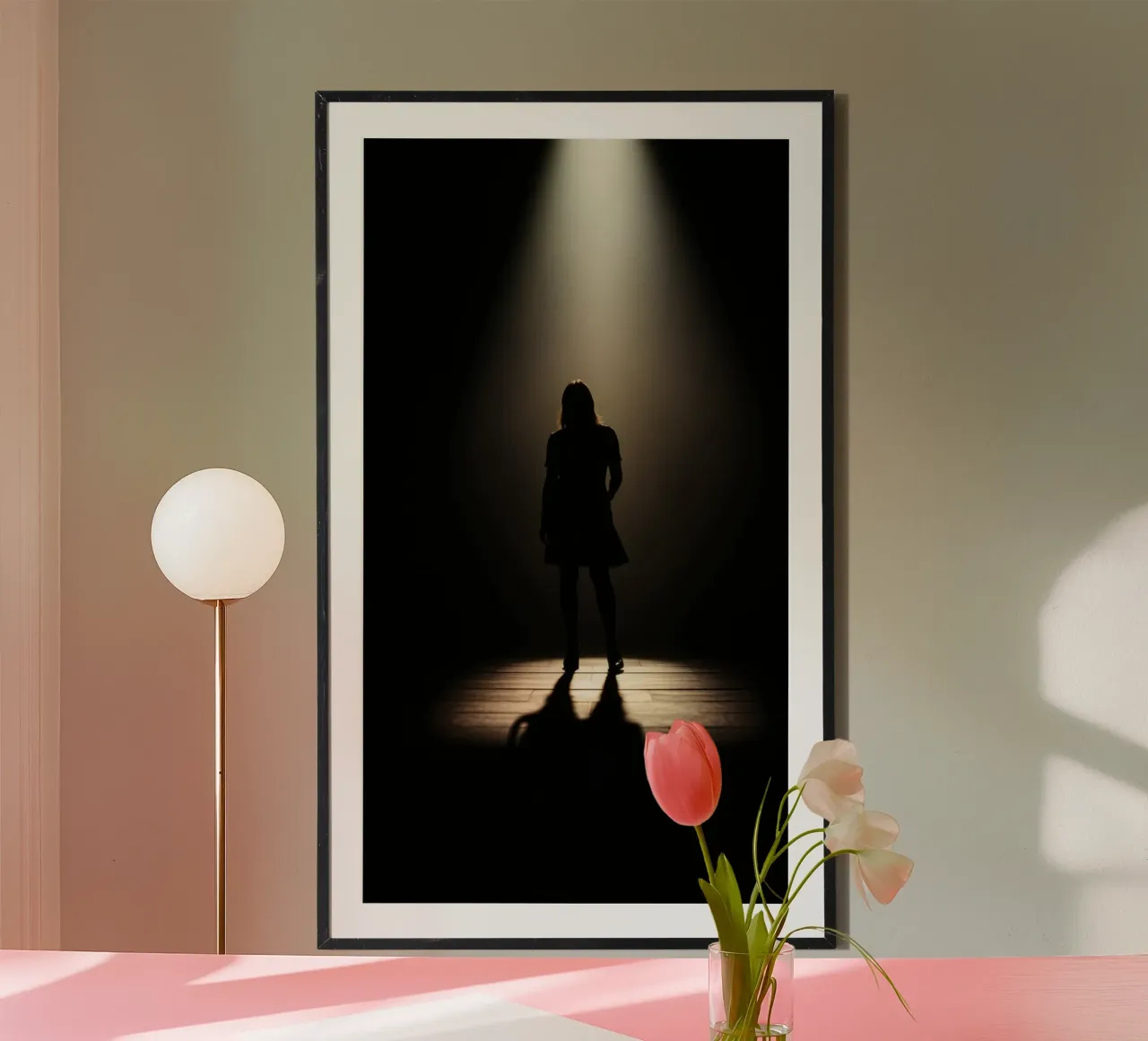 Sagoma di una donna in piedi sotto un riflettore carta hahnemühle da DesignDoodle