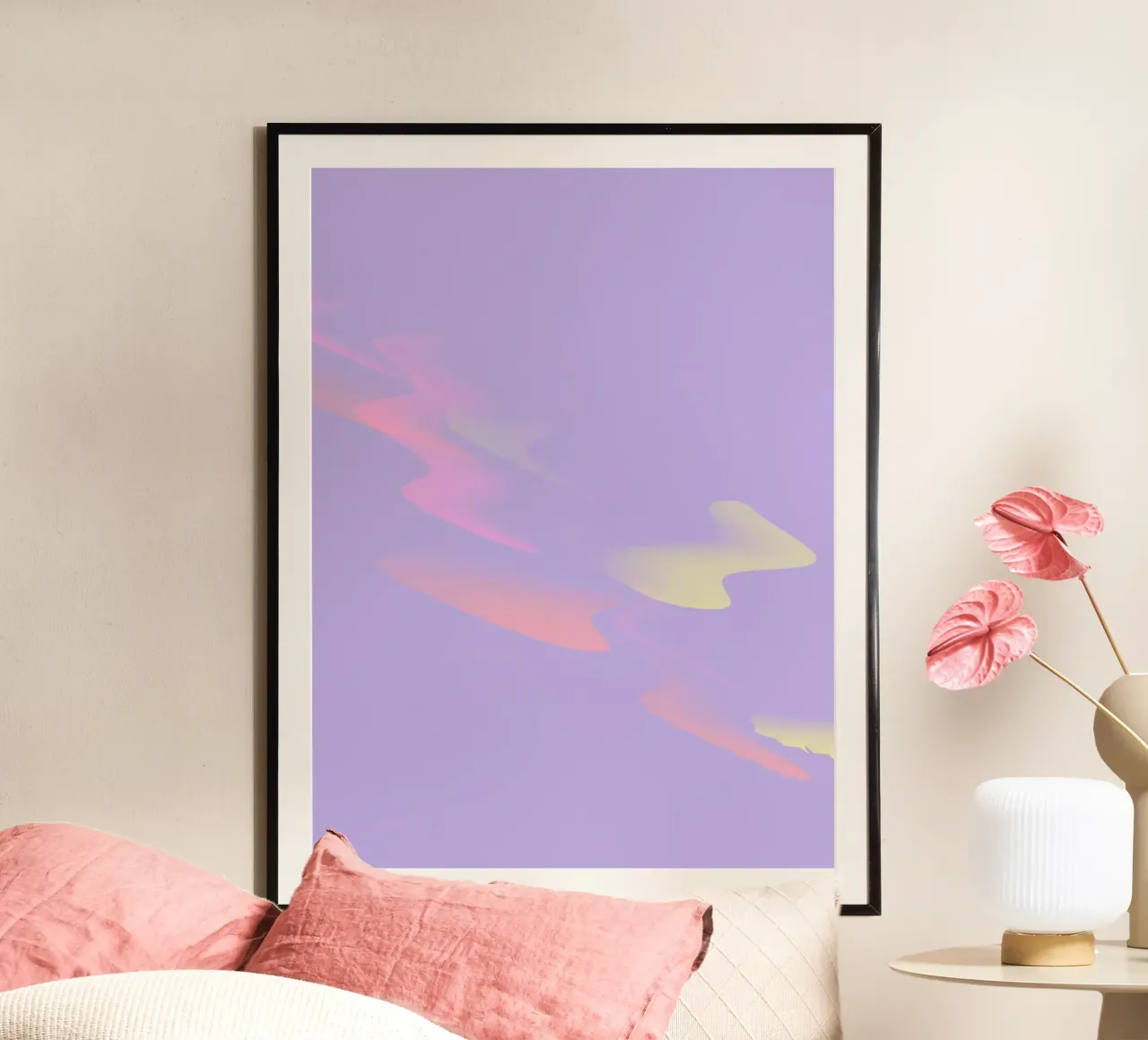 Motif abstrait coloré en violet, jaune et rose poster avec cadre en bois de Something for you