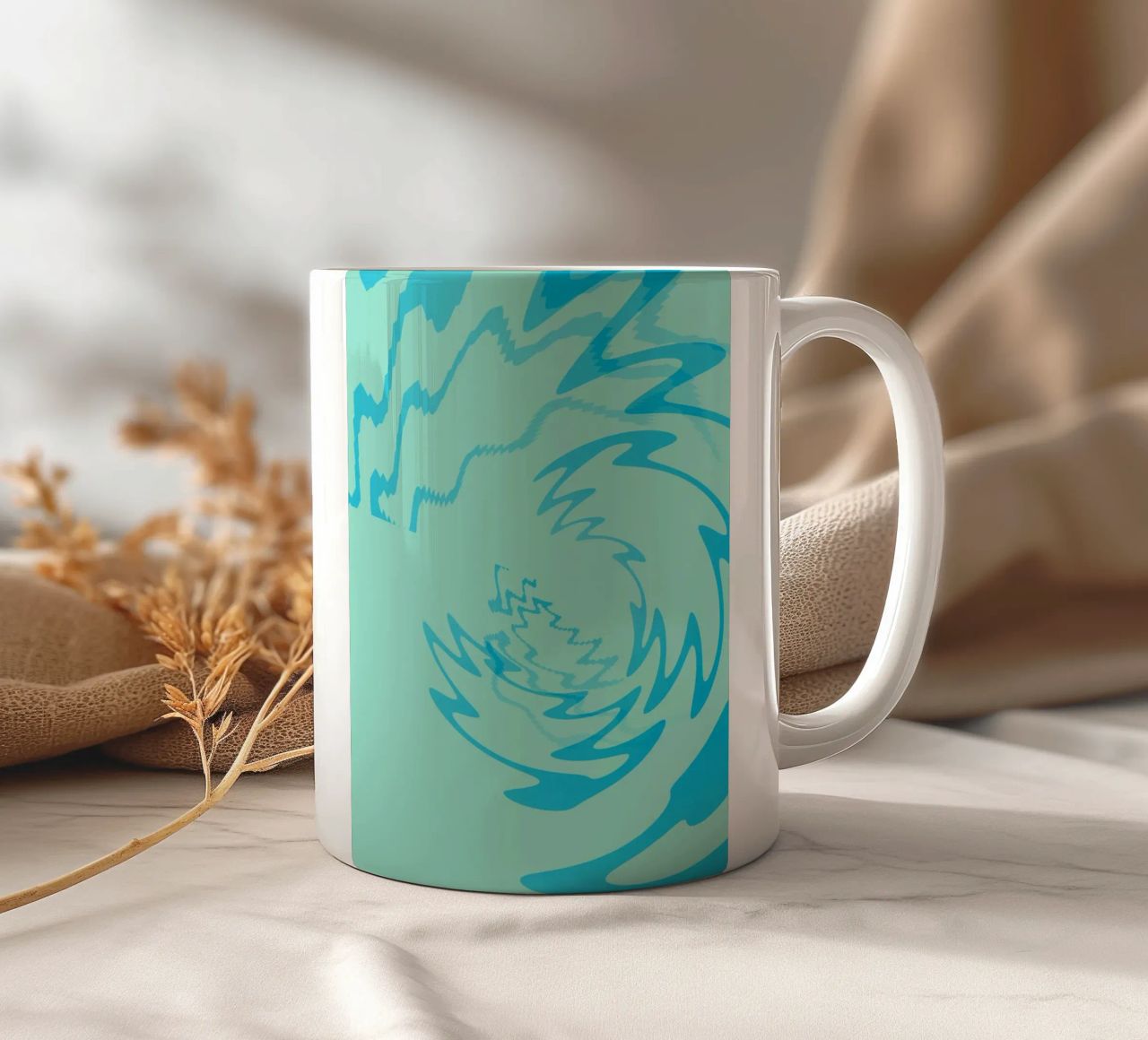 Abstract twisted dynamic zigzag pattern in blue ceramic mug by Something for you