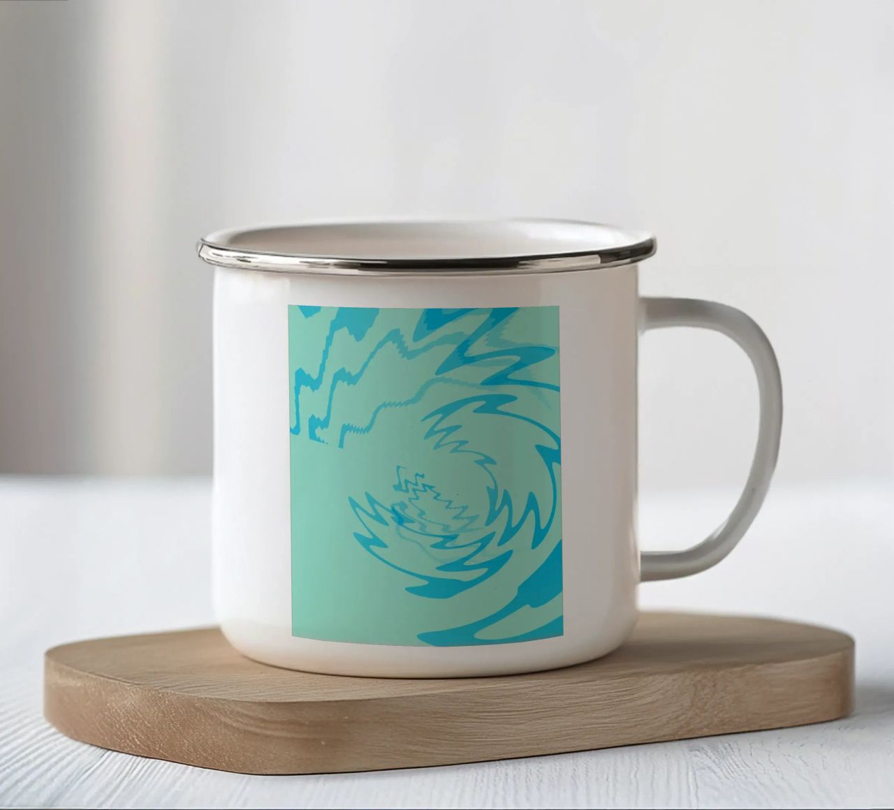 Abstract twisted dynamic zigzag pattern in blue enamel mug by Something for you