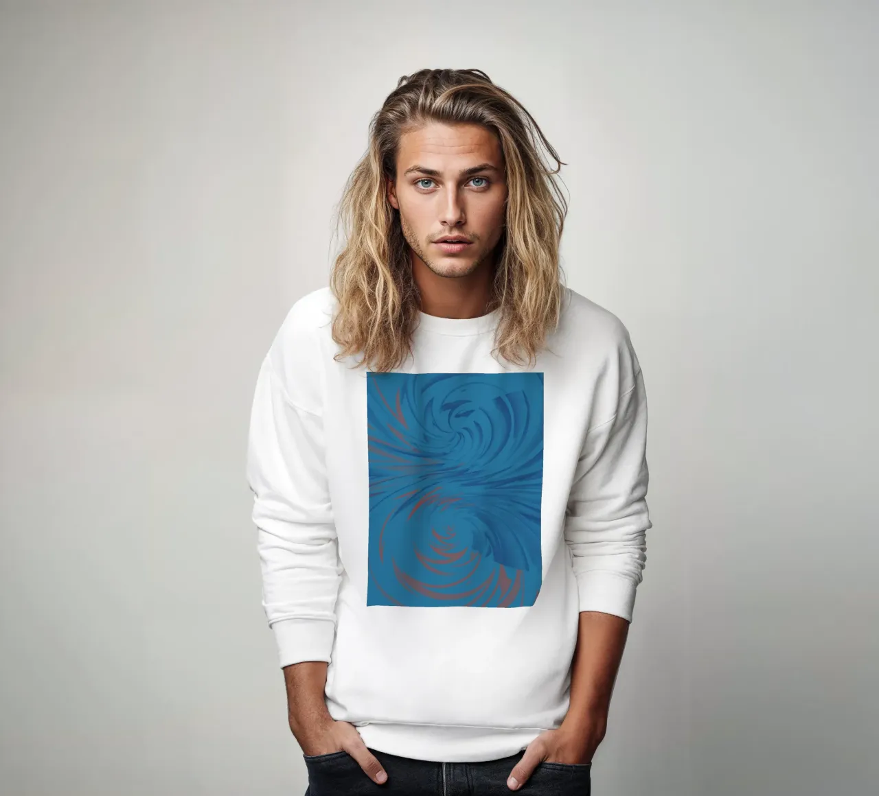 Abstract dynamic twisted pattern in blue and red sweatshirt by Something for you