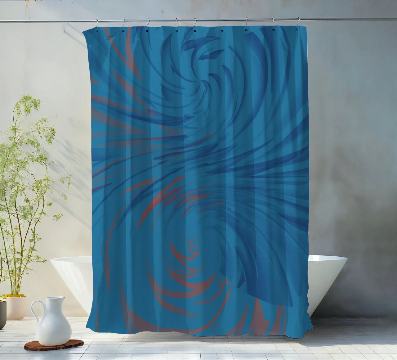 Abstract dynamic twisted pattern in blue and red shower curtain by Something for you