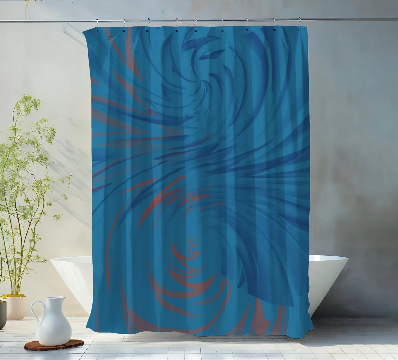 Abstract dynamisch gedraaid patroon in blauw en rood douchegordijn van Something for you