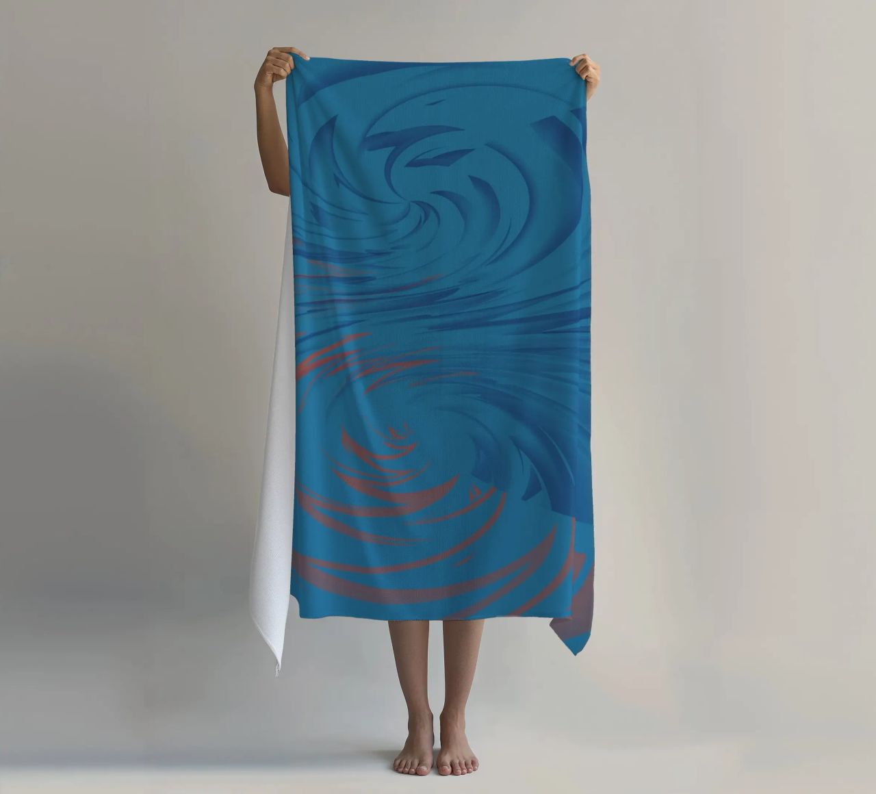 Abstract dynamic twisted pattern in blue and red beach towel by Something for you