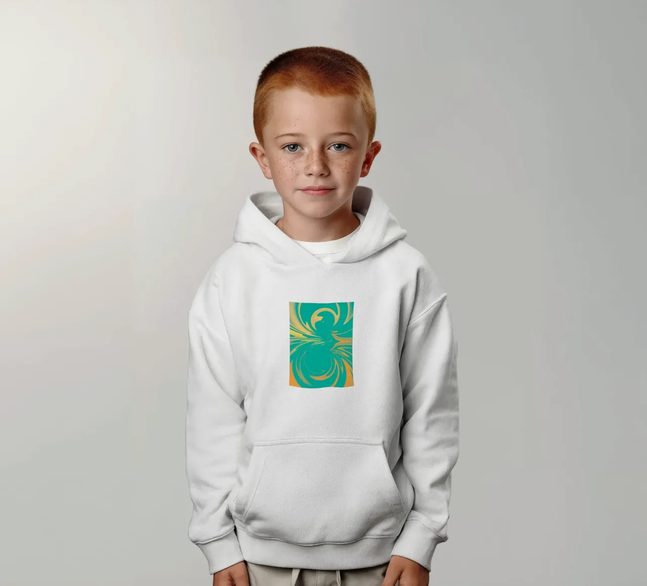 Motivo dinamico astratto a vortice in verde, giallo e arancione felpa bambino con cappuccio da Something for you