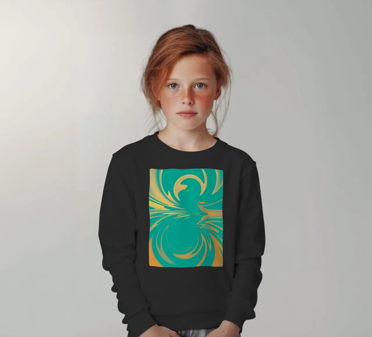 Motivo dinamico astratto a vortice in verde, giallo e arancione felpa bambino da Something for you