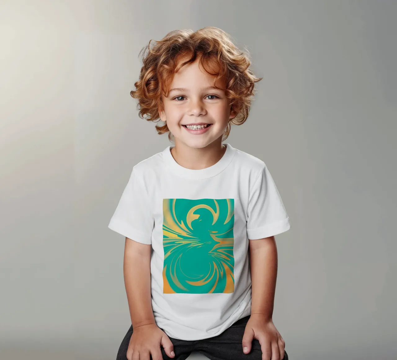 Motivo dinamico astratto a vortice in verde, giallo e arancione t-shirt bambini da Something for you