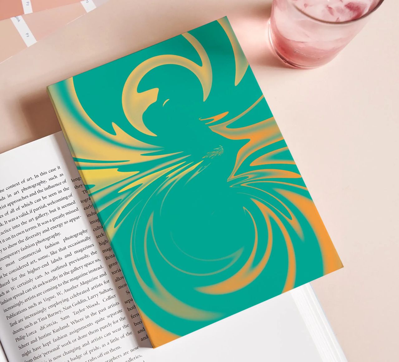 Abstract dynamic swirl pattern in green, yellow, orange notebook by Something for you
