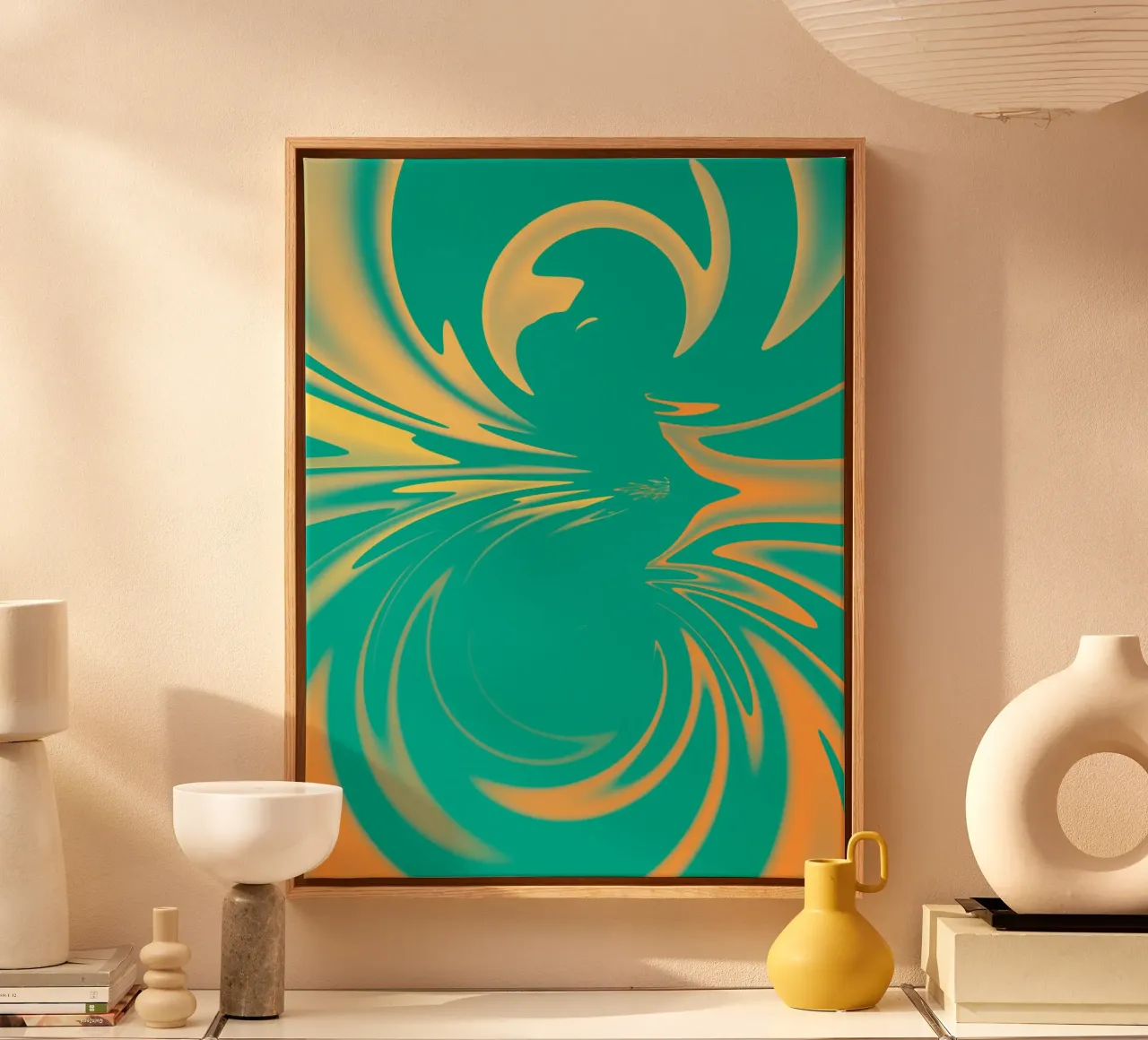 Abstract dynamic swirl pattern in green, yellow, orange canvas by Something for you