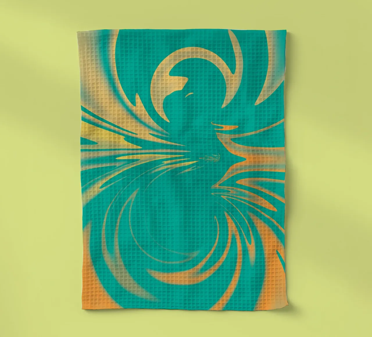 Abstract dynamic swirl pattern in green, yellow, orange tea towel by Something for you