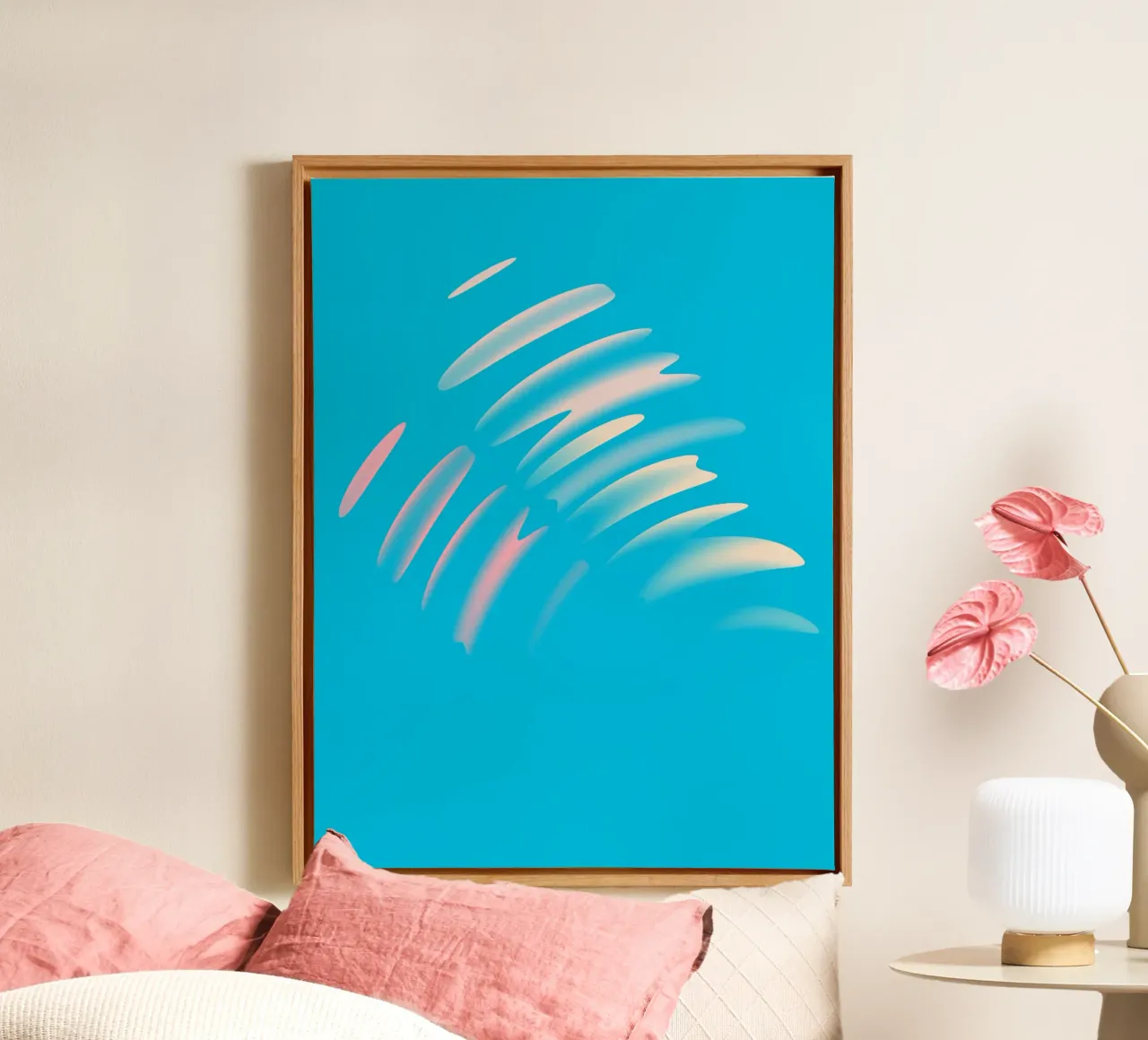 Abstract dynamic wave pattern in blue, white, pink canvas by Something for you