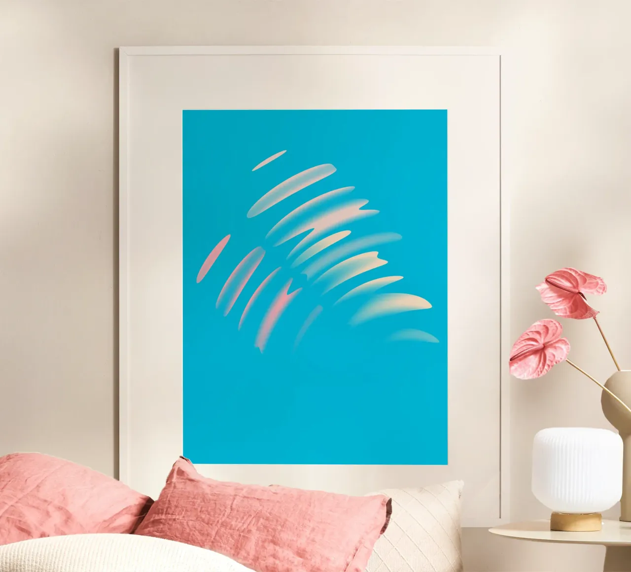 Disegno astratto di onde dinamiche in blu, bianco e rosa poster da Something for you