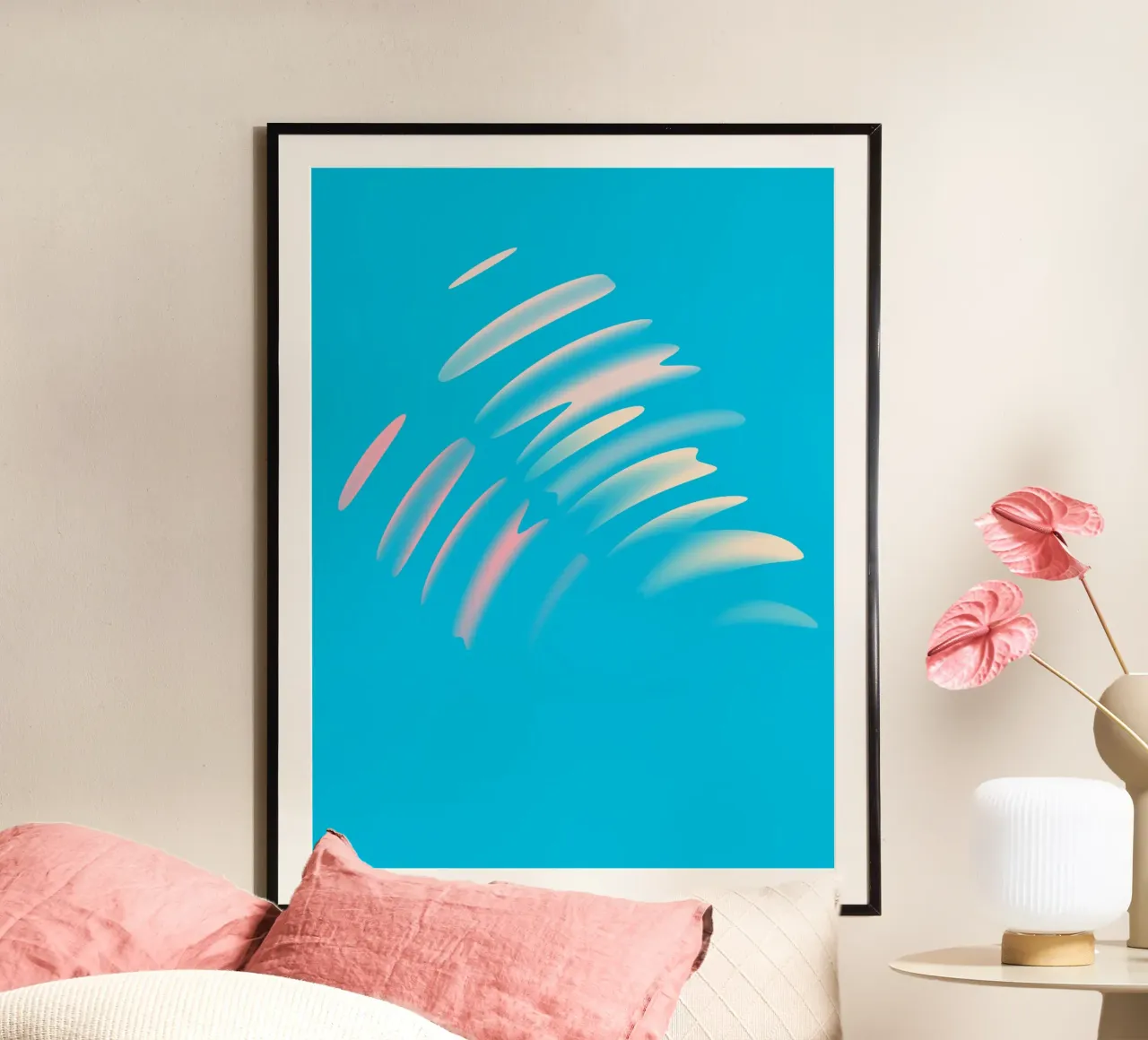 Disegno astratto di onde dinamiche in blu, bianco e rosa poster da Something for you