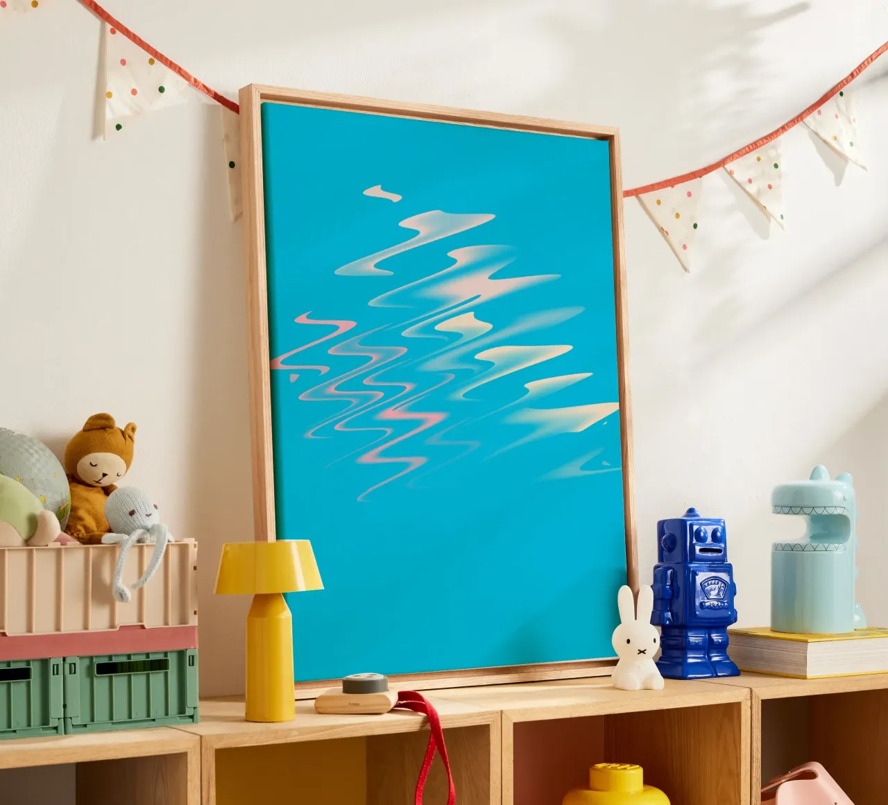 Abstract dynamic zig zag pattern in blue, white, pink canvas by Something for you