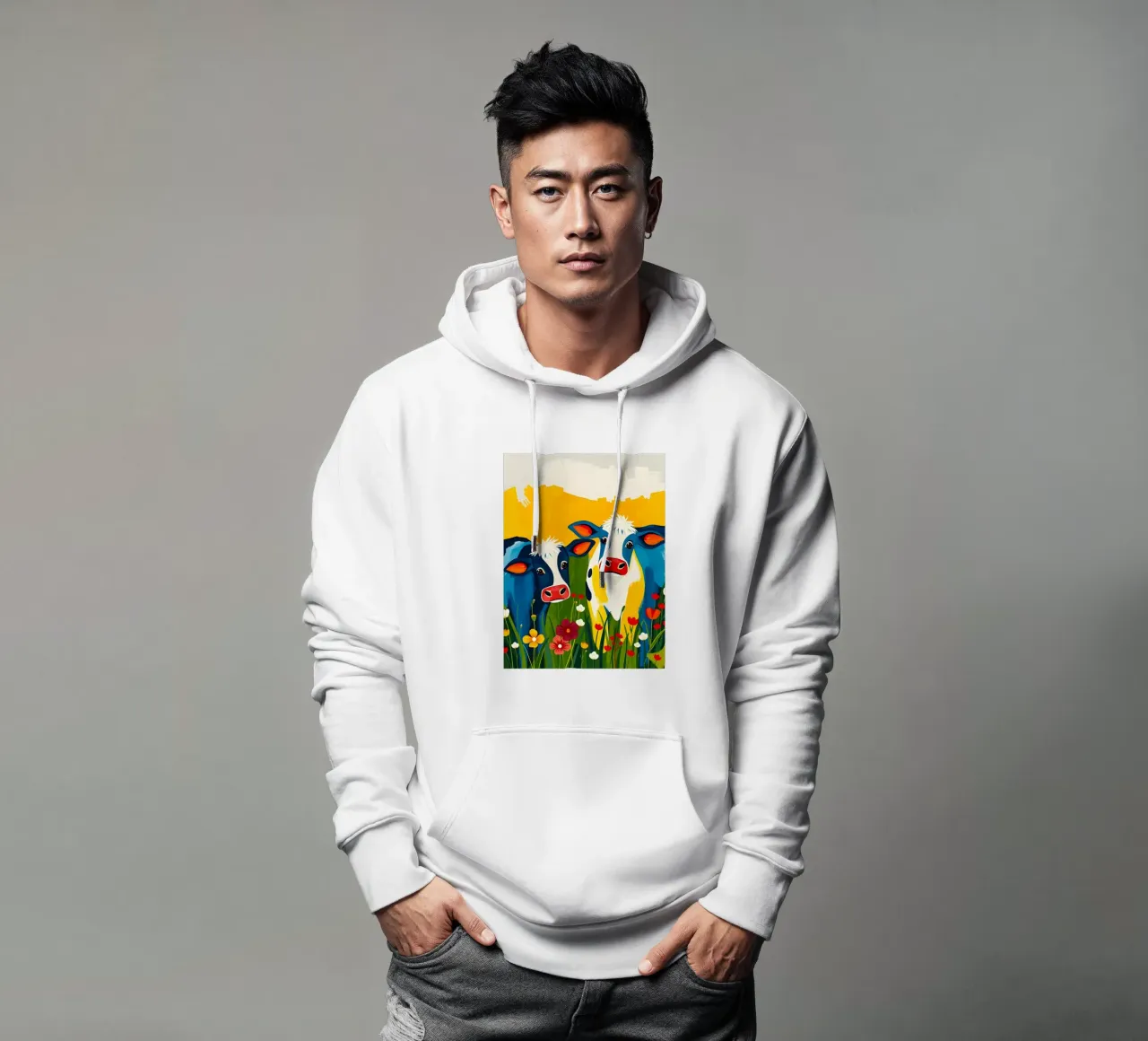 MUCCHE IN UN PRATO DI FIORI SELVATICI felpa con cappuccio da ARTOMATIC