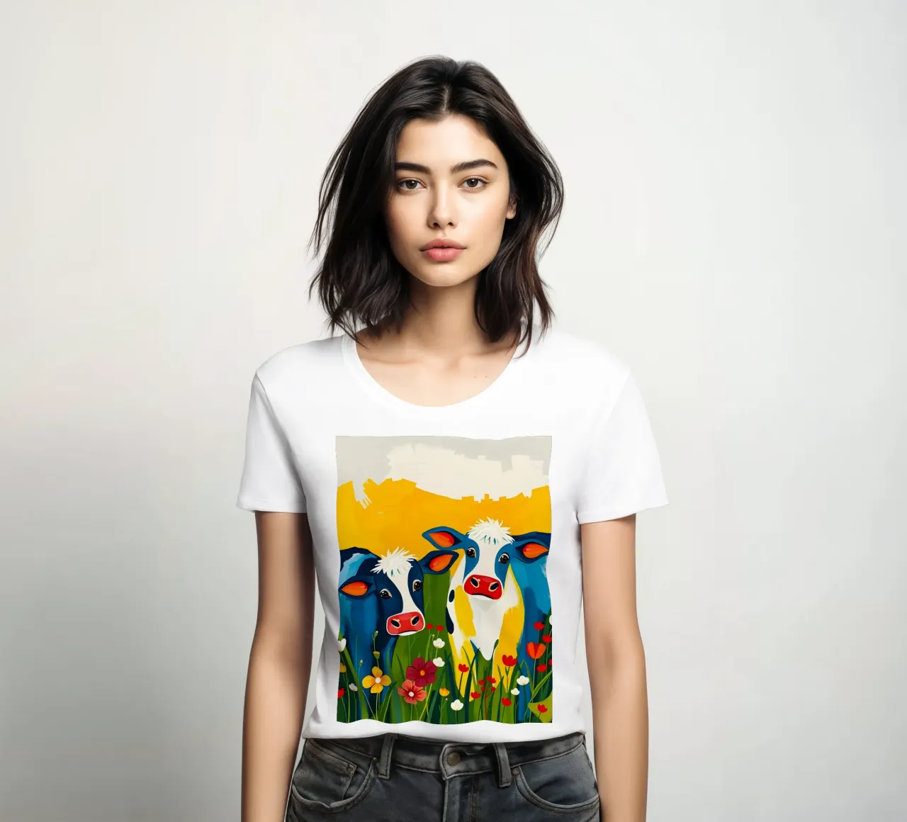 MUCCHE IN UN PRATO DI FIORI SELVATICI t-shirt da donna da ARTOMATIC