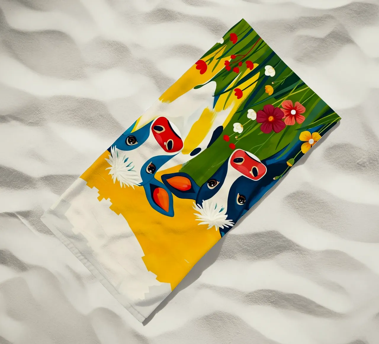 MUCCHE IN UN PRATO DI FIORI SELVATICI telo mare da ARTOMATIC