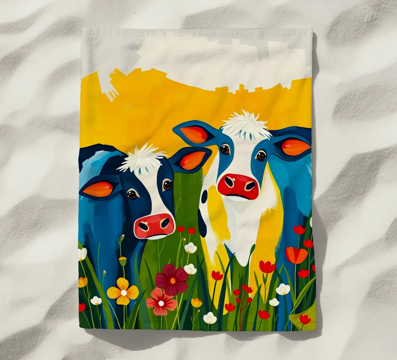 MUCCHE IN UN PRATO DI FIORI SELVATICI telo mare da ARTOMATIC