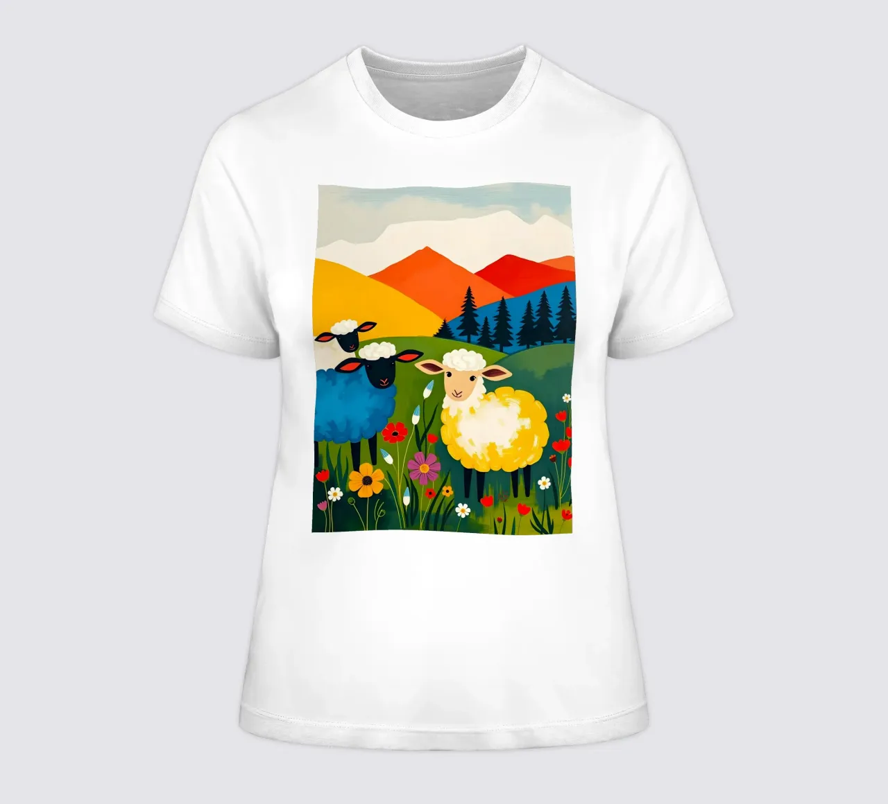 SHEEP IN FIELD WITH MOUNTAINS women's fitted t-shirt by ARTOMATIC