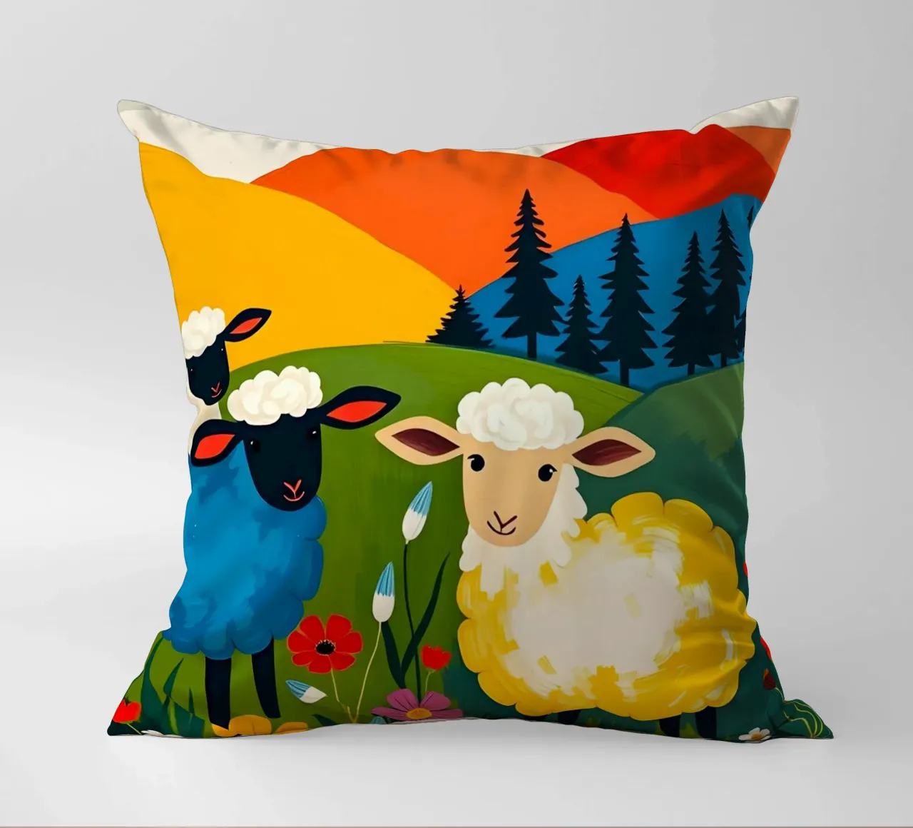 SHEEP IN FIELD WITH MOUNTAINS decorative cushion by ARTOMATIC