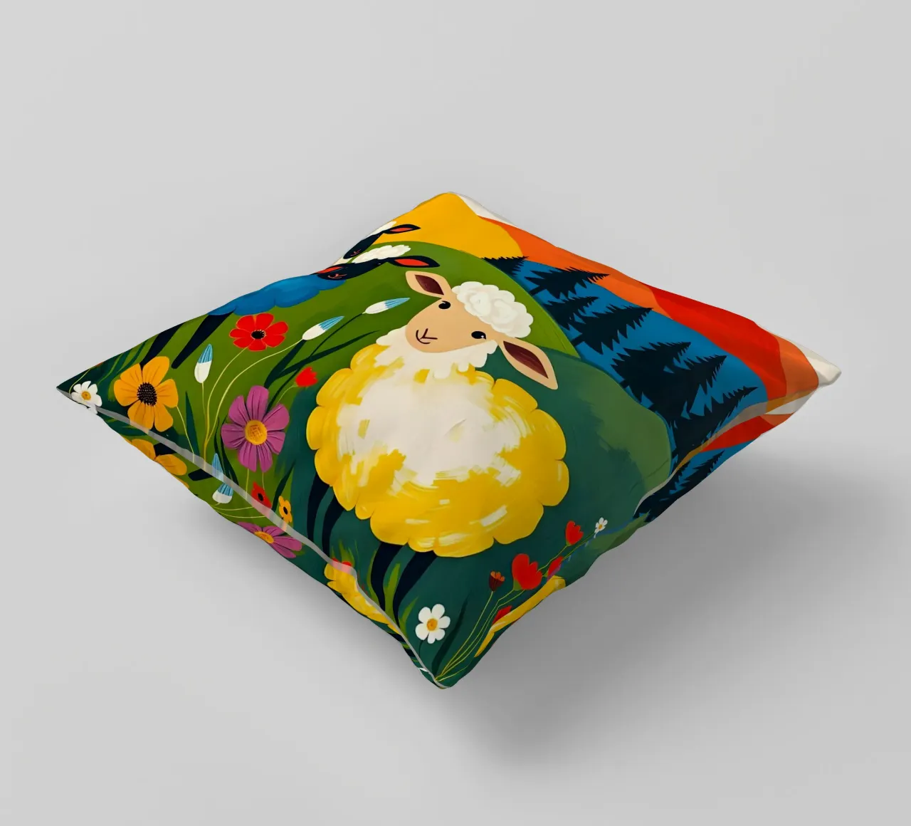 SHEEP IN FIELD WITH MOUNTAINS decorative cushion by ARTOMATIC
