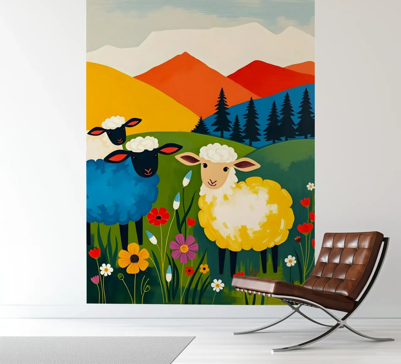 SHEEP IN FIELD WITH MOUNTAINS photo wallpaper by ARTOMATIC