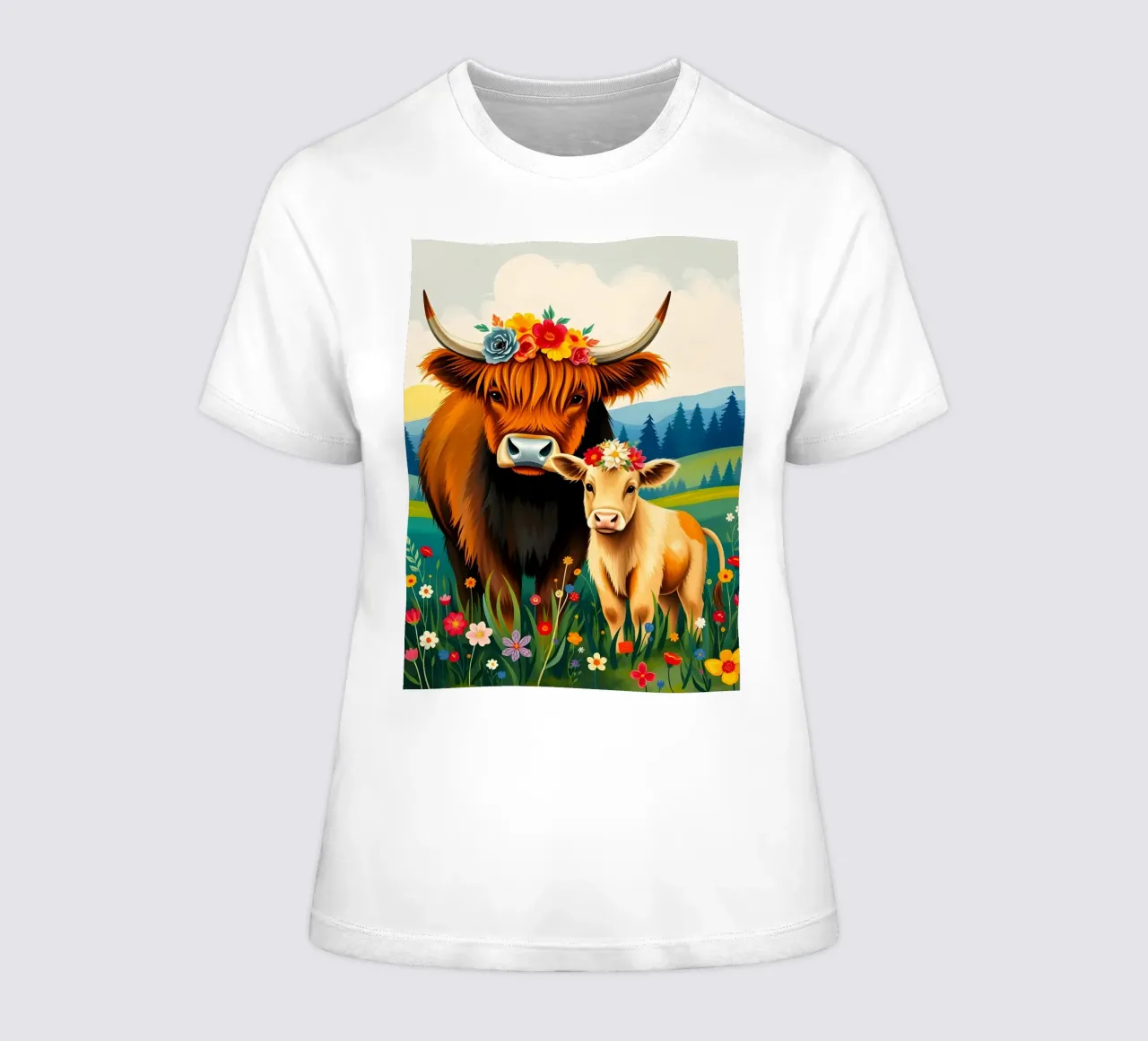 HIGHLAND COW AND CALF women's fitted t-shirt by ARTOMATIC