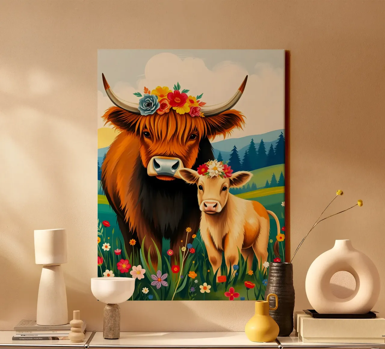 HIGHLAND COW AND CALF canvas by ARTOMATIC