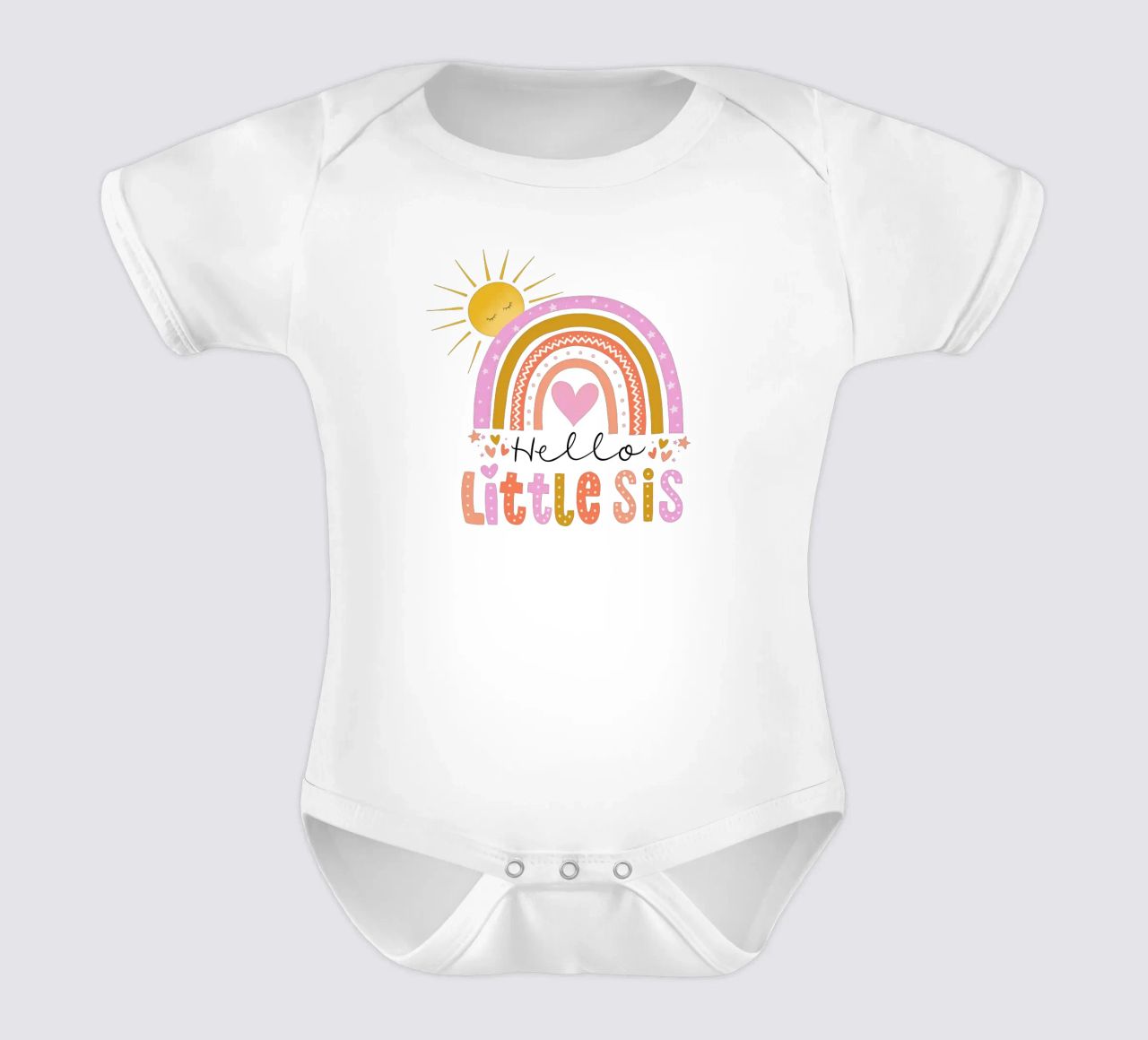 Ciao sorellina. Arcobaleno, sole e cuore body neonato maniche corte da CalliLetters